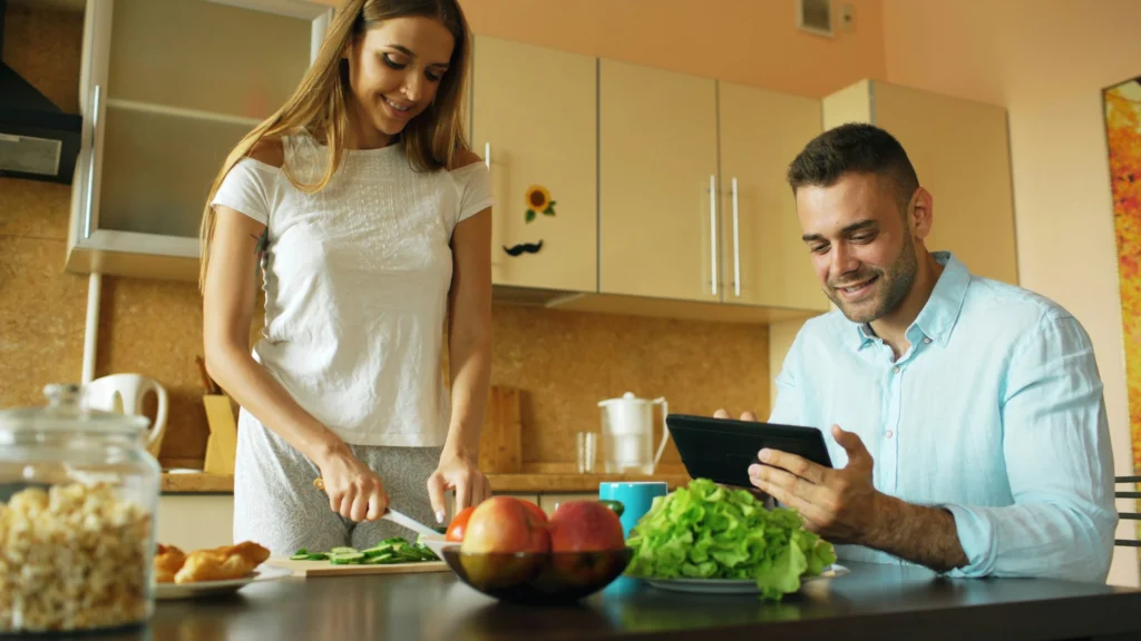 Healthy daily routine with balanced meals, water, exercise, and relaxation