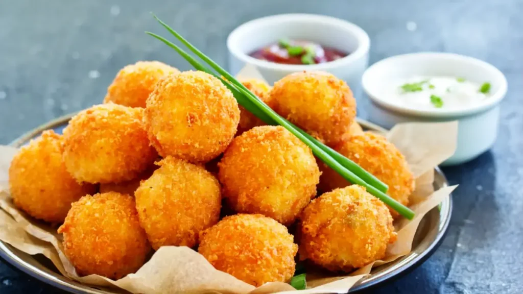 Crispy potato cheese balls with golden breadcrumbs and melted cheese center