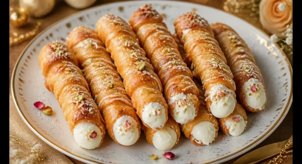 Golden flaky cream rolls filled with whipped cream and dusted with icing sugar on a white plate