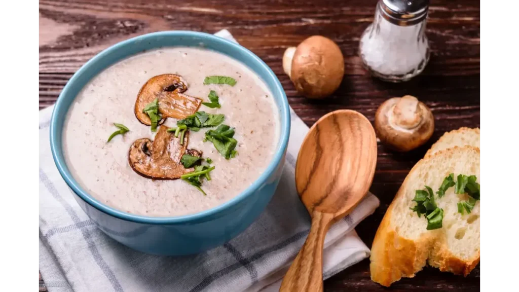 Easy Chicken Corn and Mushroom Soup in 45 Minutes A bowl of creamy mushroom soup topped with sliced mushrooms and fresh green herbs, served with bread on a rustic wooden table.