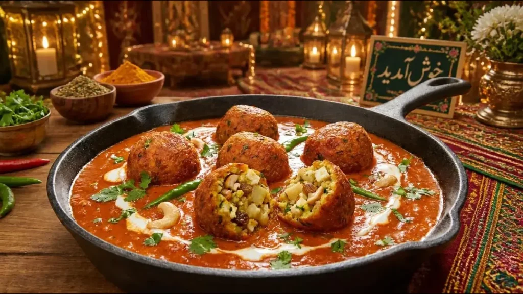 Pakistani beef kofta stuffed with cottage cheese and green chilies in spicy tomato gravy, garnished with fresh coriander.